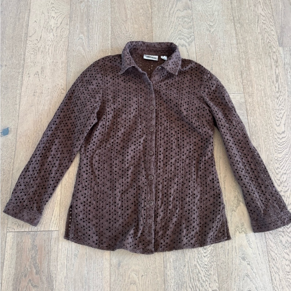 Cali And York Eyelet Button Up Top Brown Medium